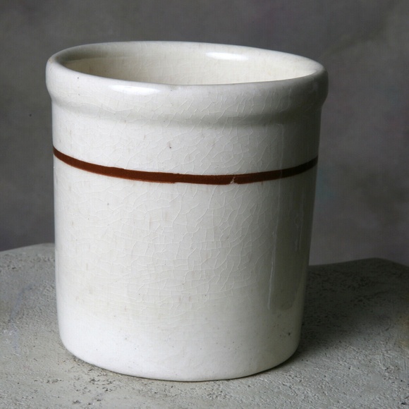 Antique Crock Cream w/Maroon Stripe Crackle Glaze Utensil Holder Plant Holder - Picture 2 of 5